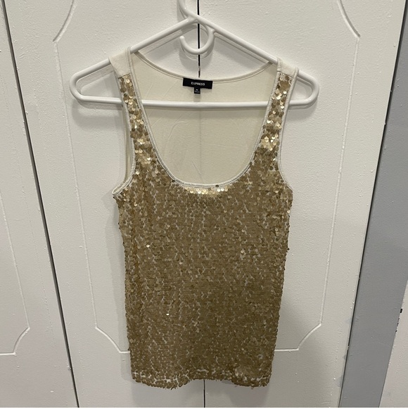 Express Tops - Express White and Gold Sequin Tank Top
